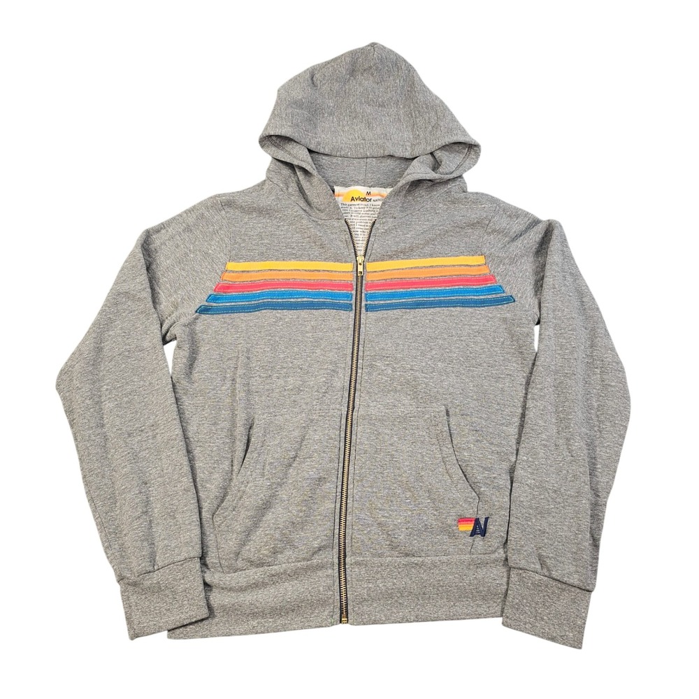Aviator Nation Tri‑Blend Zip Up Hoodie Gray Rainbow Stripes Unisex Medium
